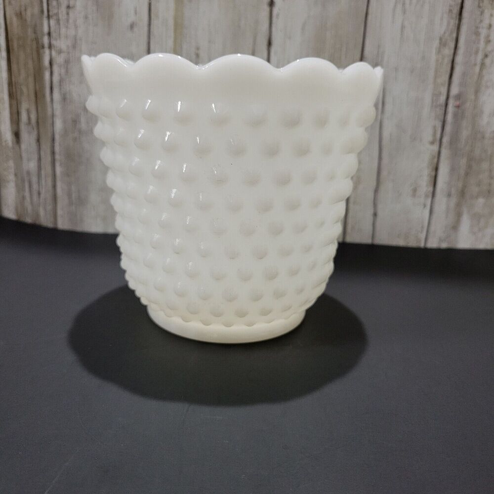 VTG Fire King Oven Ware Milk Glass Hobnail Scalloped White Vase Planter 5.5"